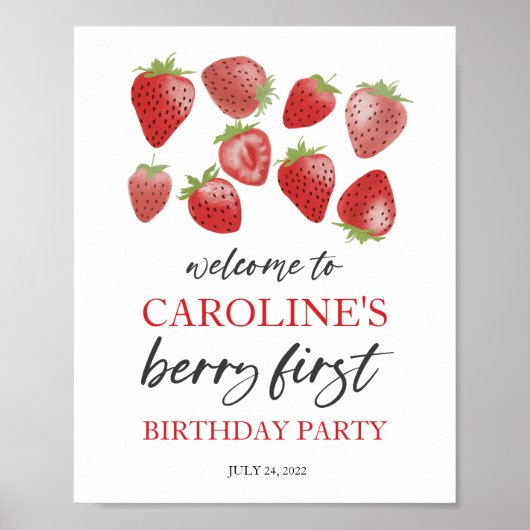 Strawberry 1st Birthday Welcome Sign. Berry First Poster (Voorkant)
