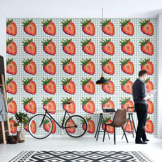 Strawberry, aardbei behang (Woonkamer)