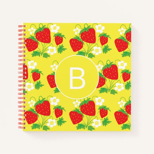 Strawberry and Flower Yellow Pattern Monogrammed Notitieboek (Voorkant)