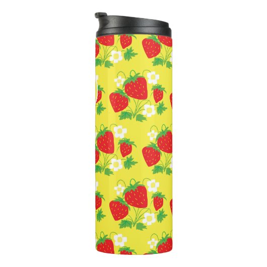 Strawberry and Flower Yellow Pattern Monogrammed Thermosbeker (Geroteerd rechts)