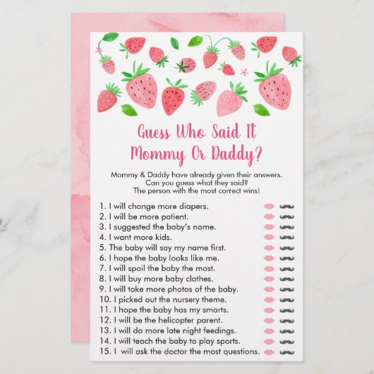 Strawberry Baby shower raad wie zei dat het gam (Voorkant / Achterkant)