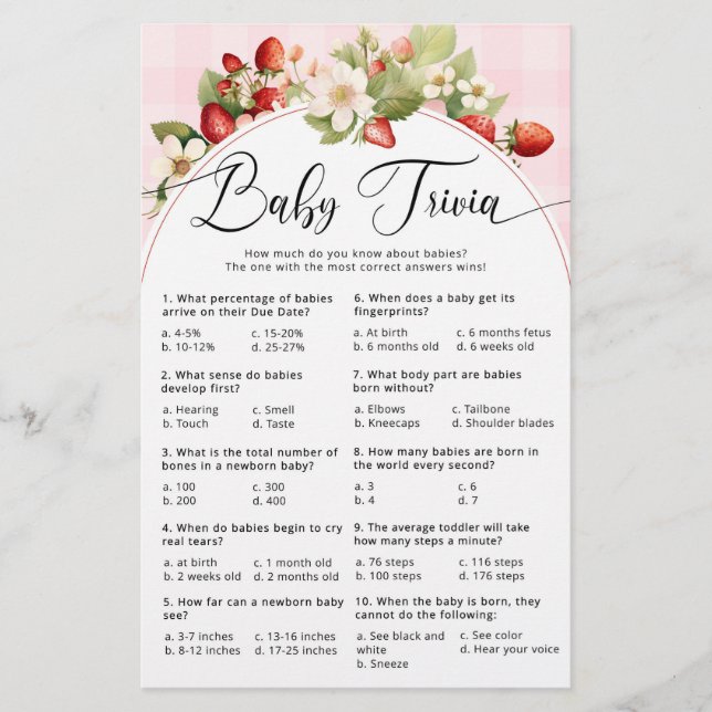 Strawberry Baby trivia baby shower game (Voorkant)