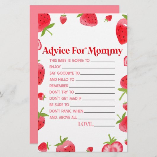 Strawberry Berry Advies Baby shower Spelactiviteit Briefpapier (Voorkant / Achterkant)