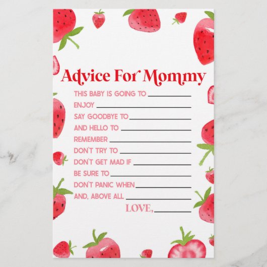 Strawberry Berry Advies Baby shower Spelactiviteit Briefpapier (Voorkant)