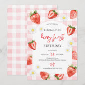 Strawberry Berry First 1st Birthday Invitation Kaart (Voorkant / Achterkant)