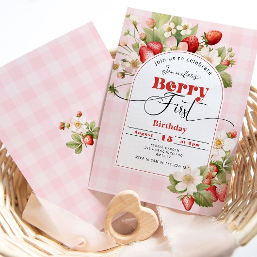 Strawberry Berry First 1st birthday party Kaart