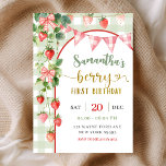 Strawberry Berry First Birthday Invitation<br><div class="desc">Strawberry Berry First Birthday Invitation,  Pink Gingham Bow Birthday Invite,  Sage Green Gingham 1st Birthday Invite</div>