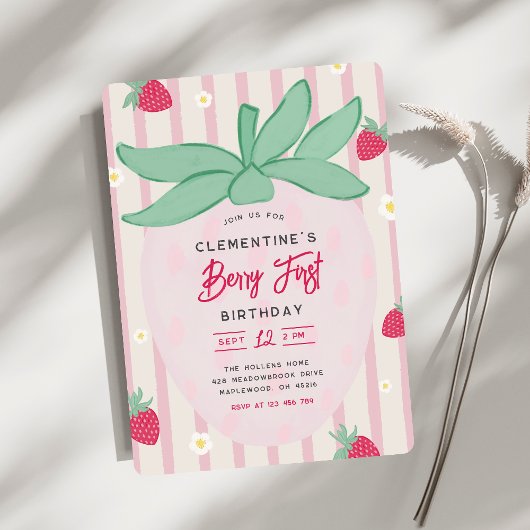 Strawberry Berry First Birthday Invitation