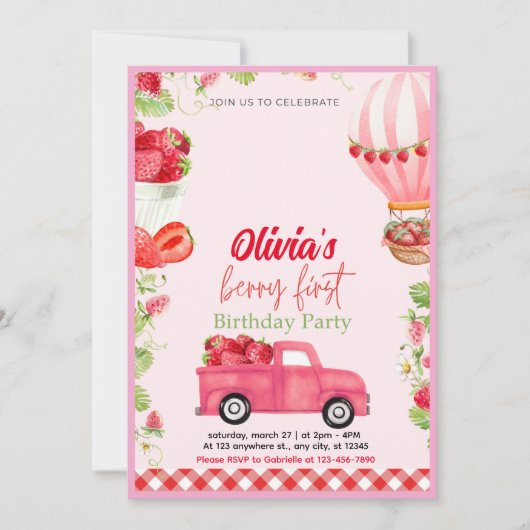 Strawberry Berry First Birthday Invitation Kaart (Voorkant)