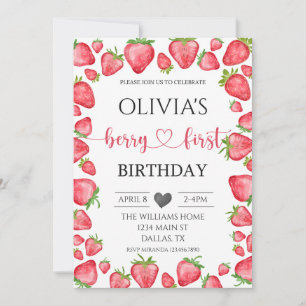 Strawberry Berry First Birthday Invitation Kaart