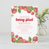 Strawberry Berry First Birthday Invitation Kaart (Staand voorkant)