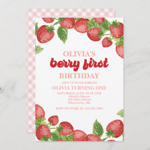 Strawberry Berry First Birthday Invitation Kaart