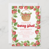 Strawberry Berry First Birthday Invitation Kaart (Voorkant)