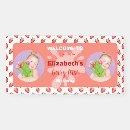 Strawberry Berry First Birthday Invitation Spandoek (Horizontaal)