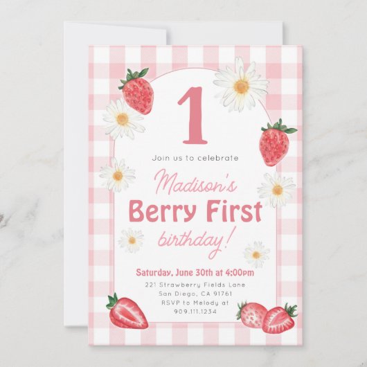 Strawberry Berry First Birthday Party Invitation Kaart (Voorkant)