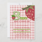 Strawberry Berry First Birthday Party Invitation Kaart (Voorkant)