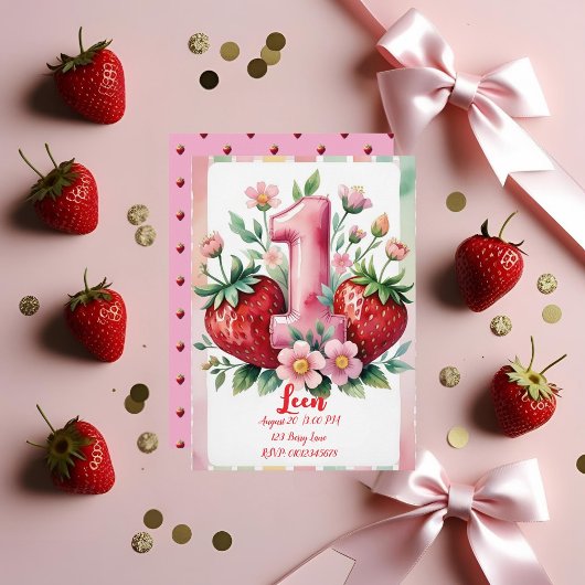 Strawberry Birthday Invitation | Cute Pink Red Gir