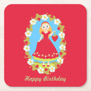 Strawberry Birthday Party Girl Vierkante Kartonnen Onderzetter