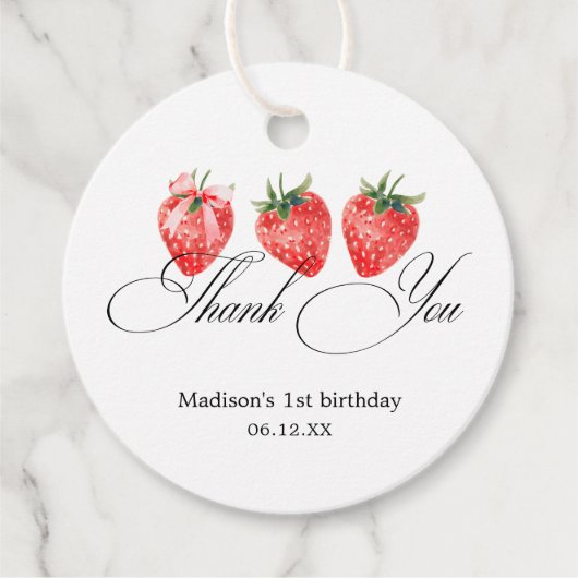 Strawberry Bow 1st Birthday Thank You Bedankjes Labels (Voorkant)