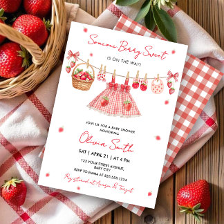 Strawberry Clothesline Berry Sweet Baby Invitation Kaart