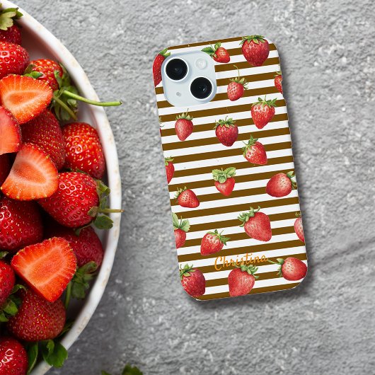 Strawberry Cocoa Stripes personaliseren iPhone Cas 15 Hoesje