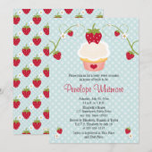 Strawberry Cupcake Bridal Shower Invitation Blue Kaart (Voorkant / Achterkant)