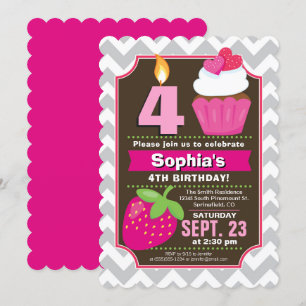 Strawberry Cupcake Girl Birthday Invitation Kaart