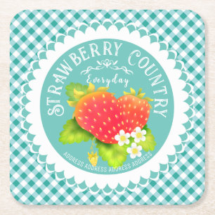 Strawberry Doilies Blauwgroen Gingham Vierkante Kartonnen Onderzetter