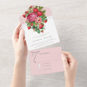 Strawberry en Peonies Engagement Party Rsvp All In One Uitnodiging