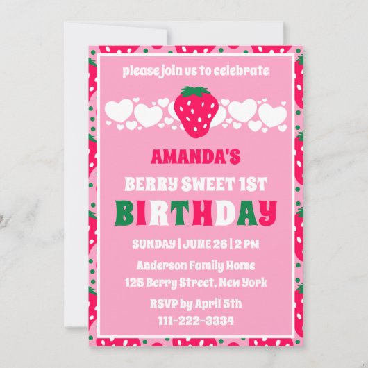 Strawberry First Birthday Celebration Invitation Kaart (Voorkant)