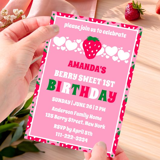 Strawberry First Birthday Celebration Invitation Kaart