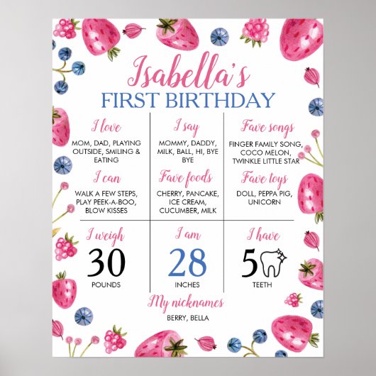 Strawberry First Birthday Milestone Sign Poster (Voorkant)