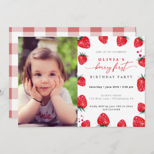 Strawberry First Birthday Photo Invitation Kaart