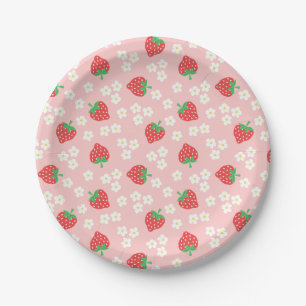Strawberry Flowers Pink Pattern Papieren Bordje