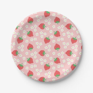 Strawberry Flowers Pink Pattern Papieren Bordje
