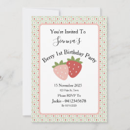 Strawberry Gingham First Birthday Party Kaart