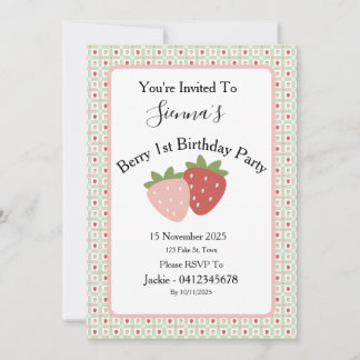 Strawberry Gingham First Birthday Party Kaart