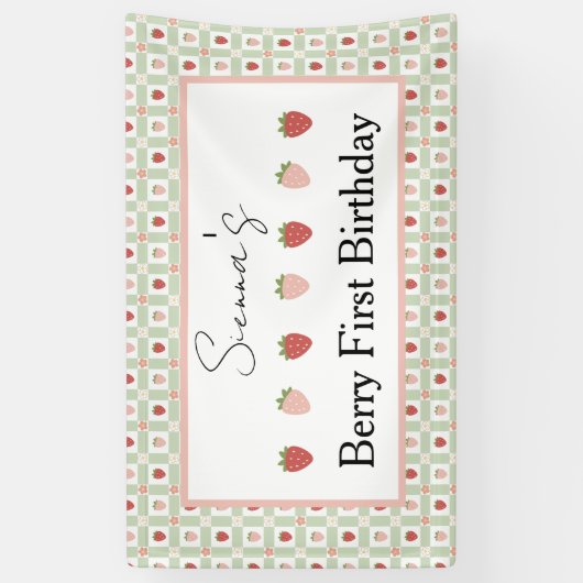 Strawberry Gingham First Birthday Party  Spandoek (Verticaal)