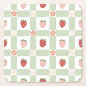 Strawberry Gingham Pastel Green Party Vierkante Kartonnen Onderzetter (Voorkant)