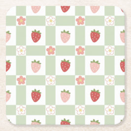 Strawberry Gingham Pastel Green Party Vierkante Kartonnen Onderzetter