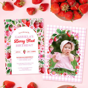 Strawberry Girl Berry 1st Birthday Pink Foto Kaart