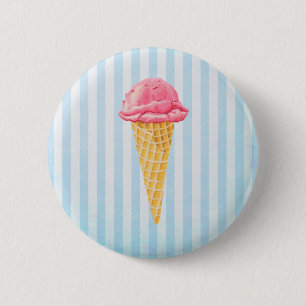 Strawberry Ice Cream Cone met blauwe strepen Ronde Button 5,7 Cm