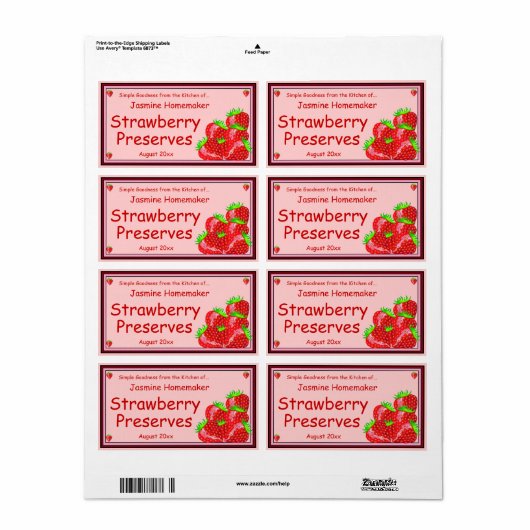 Strawberry Jam of PReserves Home Canning Jar Etiket (Full Sheet)