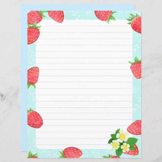 Strawberry Lined Blue Stationery Paper (Voorkant / Achterkant)