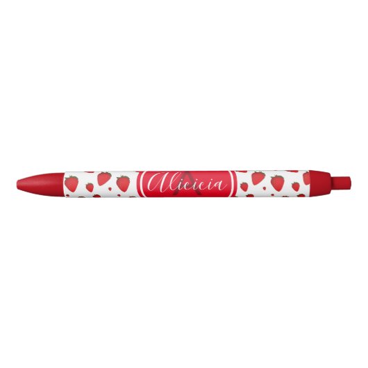 Strawberry Pattern Red White Name Initiaal Zwarte Inkt Pen (Voorkant)