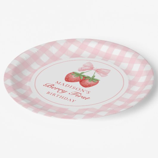 Strawberry Pink Bow Girl 1e verjaardag Papieren Bordje (Gekanteld)