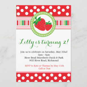 Strawberry Polka Dot Party Invitation Kaart