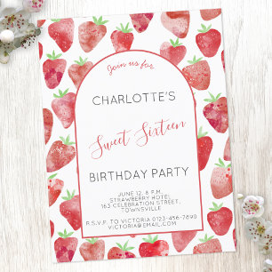 Strawberry Sweet Sixteen Birthday Party Invitation Briefkaart
