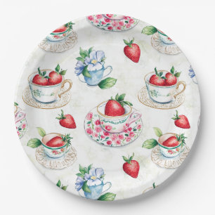 Strawberry Teacup Bloemenpatroon Papieren Bordje