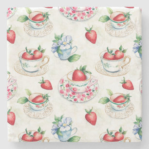 Strawberry Teacup Bloemenpatroon Stenen Onderzetter